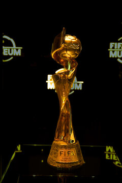 A close up picture with noise effect Fifa Women's World Cup trophy at Fifa Museum.