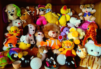 collection of colorful stuffed animals and teddies stacked in a closet covering the background surface