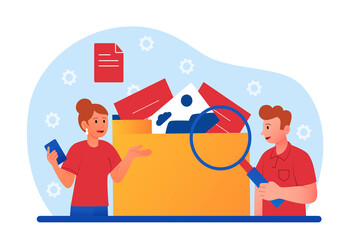 File searching concept. Man and woman with loupe look at information in archive. Family or work colleagues collect data. Modern technologies and digital world. Cartoon flat vector illustration