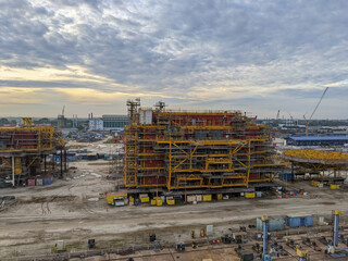 View of the construction site of the oil rig structure.