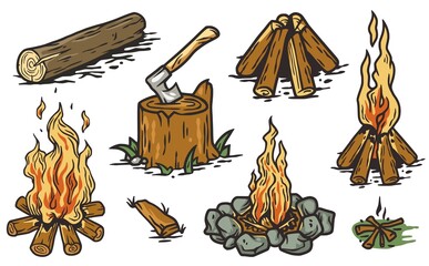 Campfire or bonfire outdoor for camping adventure. Stump with an ax. Nature outdoor recreation, forest explore © Casoalfonso