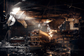 A ray of sunlight breaks through the roof of a grocery store destroyed by mortar fire during the...