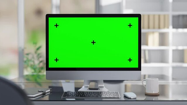 Computer MockUp on work desk in office Designed in minimal. Selective focus on  screen. can be used in education and business. Green screen for banner and logo. Animation, 3D Render.