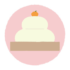 丸いピンク色の背景に描かれた鏡餅のカラーイラスト