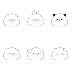 かわいい動物の顔アイコン　イラスト素材セット　線画