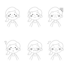 女性の表情バリエーション　イラスト素材セット　線画