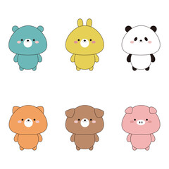 かわいい動物の二頭身全身アイコン　イラスト素材セット　主線あり