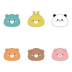 かわいい動物の顔アイコン　イラスト素材セット　主線あり