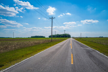 Fototapeta premium Heartland of America landscape of the rural road with electricity poles and white clouds in Ohio, USA