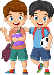 Cartoon happy children with book and soccer ball