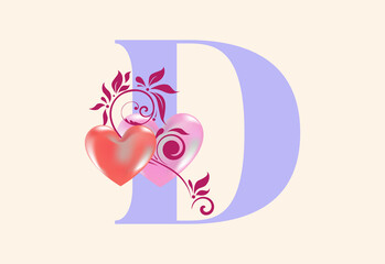 Floral D monogram letter with heart sign. Initial alphabet with botanical elements.