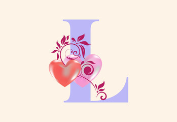 Floral L monogram letter with heart sign. Initial alphabet with botanical elements.