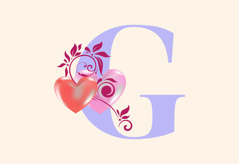 Floral G monogram letter with heart sign. Initial alphabet with botanical elements.