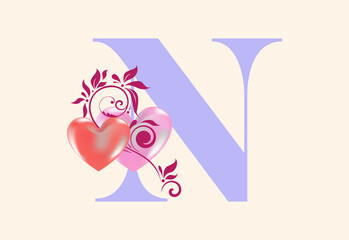 Floral N monogram letter with heart sign. Initial alphabet with botanical elements.