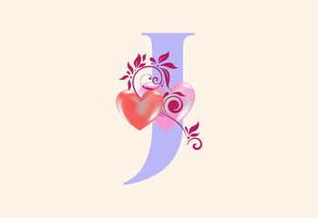 Floral J monogram letter with heart sign. Initial alphabet with botanical elements.