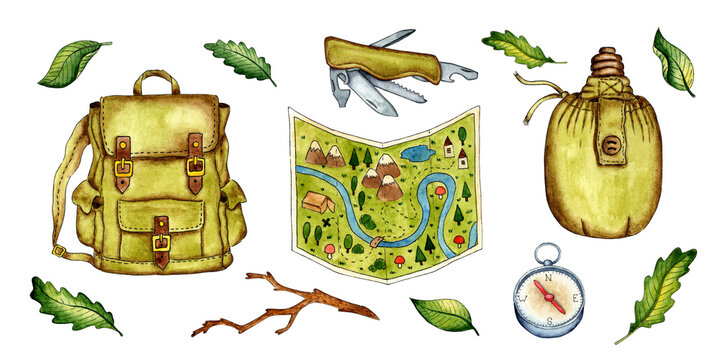 Watercolor illustration set of camping backpack, map, flask, compass, camping knife. For the design of design compositions on the theme of tourism, hiking, outdoor recreation. isolated on white 
