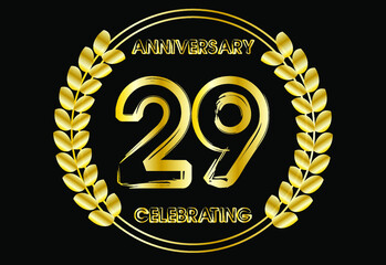 29 years gold anniversary celebration luxury logo. Vector with golden crown for birthday year isolated on black background.