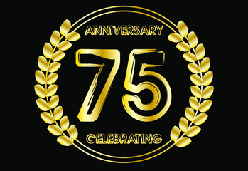 75 years gold anniversary celebration luxury logo. Vector with golden crown for birthday year isolated on black background.