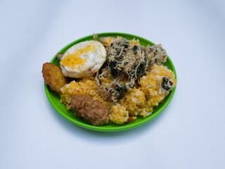 Corn rice with fried egg, mendol, fried corn omelette and green vegetables