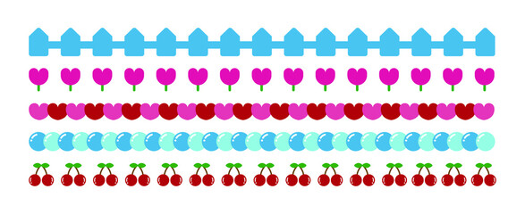 Cute, colorful border line decoration illustration set. Hearts, flowers, cherries, hearts, polka dots, fence graphics.