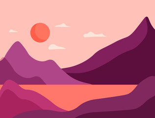 Landscape for posters - sunset and sun, mountains and a reservoir. Vector illustration. For interior decoration, prints and paintings, covers and brochures, advertising flyers.