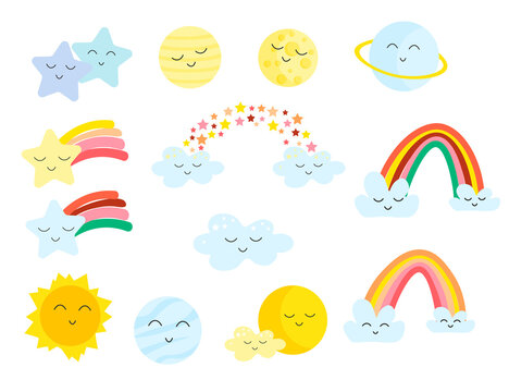 Collection of cartoon kawaii elements - rainbow, stars and sun, planets, clouds. Vector illustration. Cute childish drawing. Use for clothing prints, greetings card and packaging, birthday and shower