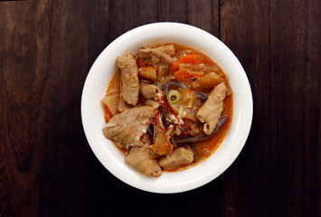 Japanese cuisine motsuni with internal organs simmered on the table