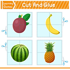 Cut And Glue Of Fruits. Education Developing Worksheet Game For Kids. Activity For Preschool Years Kids And Toddlers. Vector Illustration