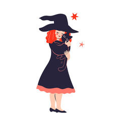 Cute witch is holding a cat isolated on white background. Vector graphics.