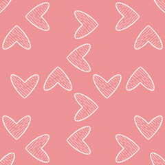 Romantic pattern with doodle hearts on pink background for the design of textiles, bed linen, child clothing, wrapping paper. 