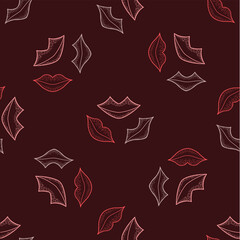 Bright pattern with red and pink lips on burgundy background for the design of textiles, bed linen, wrapping paper, cosmetic design.