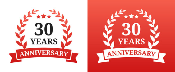 30 years anniversary icon vector illustration. Number thirty in laurel wreath and ribbon symbol for event celebration.