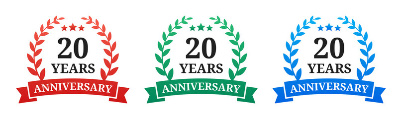 Elegant 20 years anniversary icon vector with ribbon and laurel wreath symbol illustration. © Icons-Studio