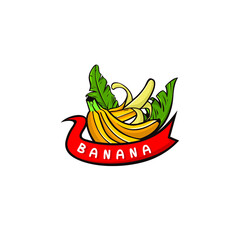Banana Logo Icon With banner ribbon With Leaf Banana