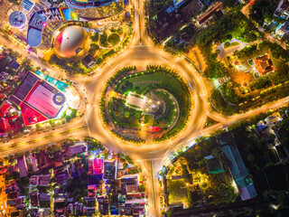 Vung Tau view from above, with traffic roundabout, house, Vietnam war memorial in Vietnam. Long...