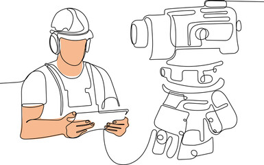 Close up of young Caucasian worker with helmet on head using tablet for work while standing in warehouse. Surveyor with a tripod icon. Geodesic tripod. Vector illustration