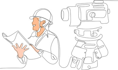 Close up of young Caucasian worker with helmet on head using tablet for work while standing in warehouse. Surveyor with a tripod icon. Geodesic tripod. Vector illustration