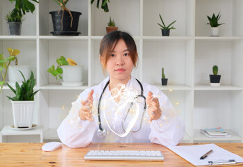 Doctor examines the Heart hologram while reviewing the test results on the virtual interface and performing data analysis. Future medicine, cutting-edge technologies. Medical technology and healthcare