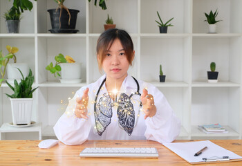 Medical Doctor holding virtual lungs in his hands, medical examination, and doctor analyzing...