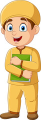 Naklejka premium Cartoon muslim boy holding a book