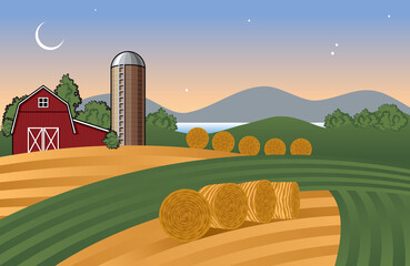 Farm Landscape in the Evening Vector Illustration with Barn, Silo, Corn Fields and Hay Bales.
