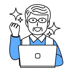 パソコンを使うシニア男性 : 喜び