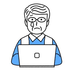 パソコンを使うシニア男性 : 涙