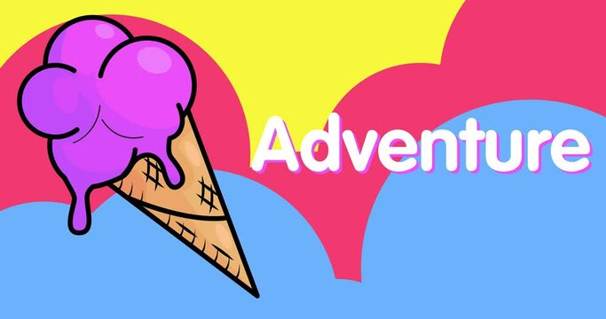 Ice Cream with Adventure text. Colorful animated summer sweet food cartoon. 4k resolution animation, moving image.