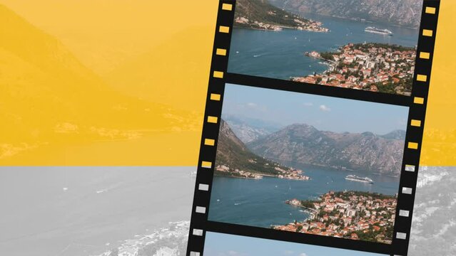 Modern photographic film with bay of Kotor with old town in Montenegro. Summer landscape with mountain and clear blue sky