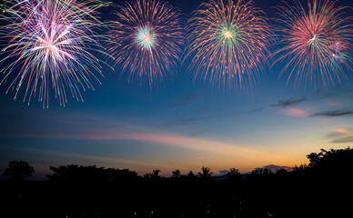 Fototapeta na wymiar colorful fireworks with twilight sky