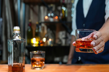 Bartender Serve Whiskey, on wood bar, 