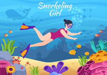 Snorkeling Girl with Underwater Swimming Exploring Sea, Coral Reef or Fish in the Ocean in Flat Cartoon Vector Illustration