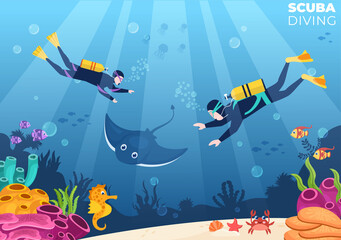 Scuba Diving with Underwater Swimming Equipment for Exploring Coral Reef, Sea Flora and Fauna or Fish in the Ocean in Flat Cartoon Vector Illustration