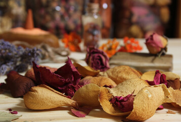 Rose Petals and Dried Lavender With Crystals and Petrified Wood